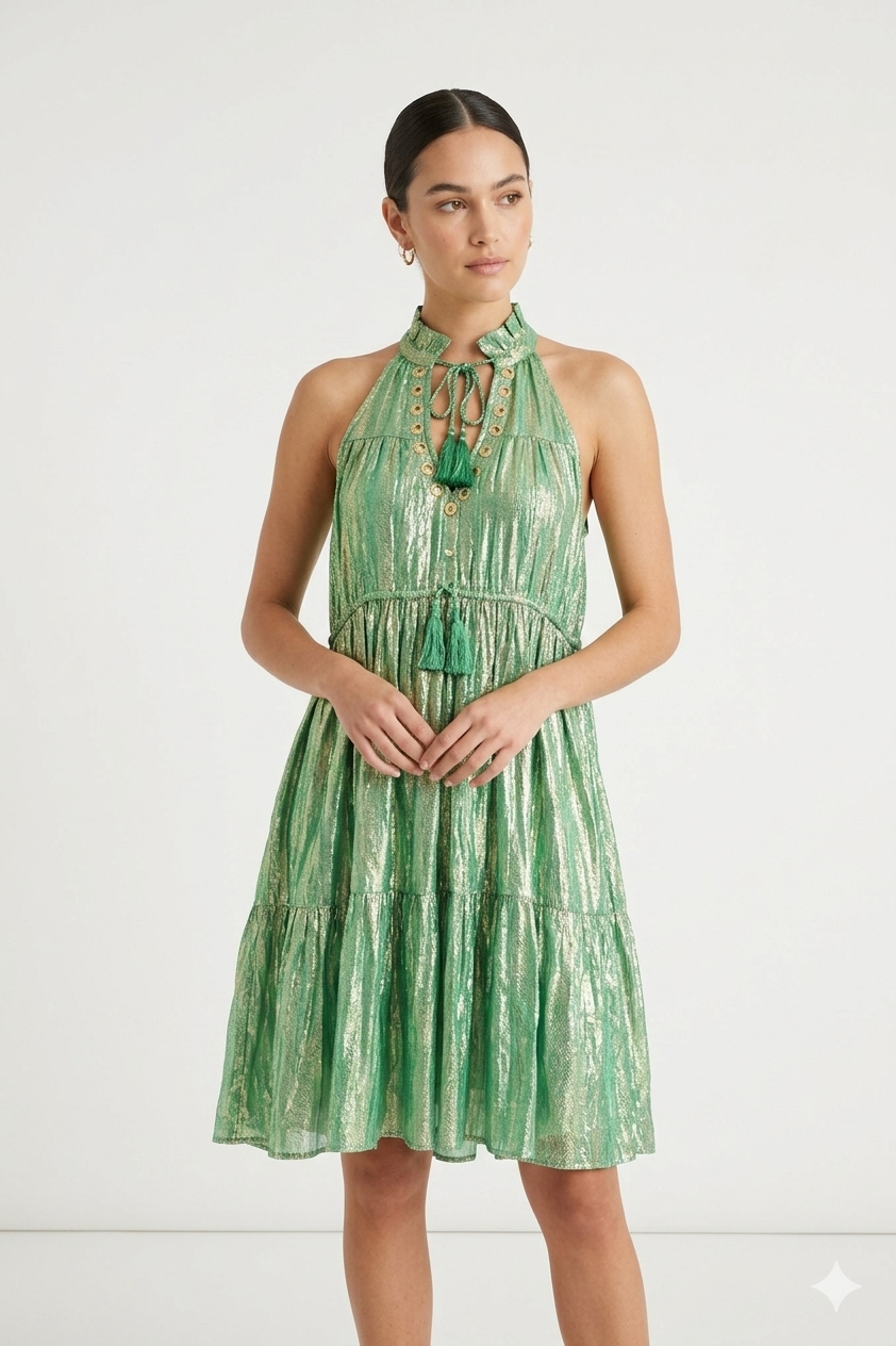 Metallic Green Halter Dress