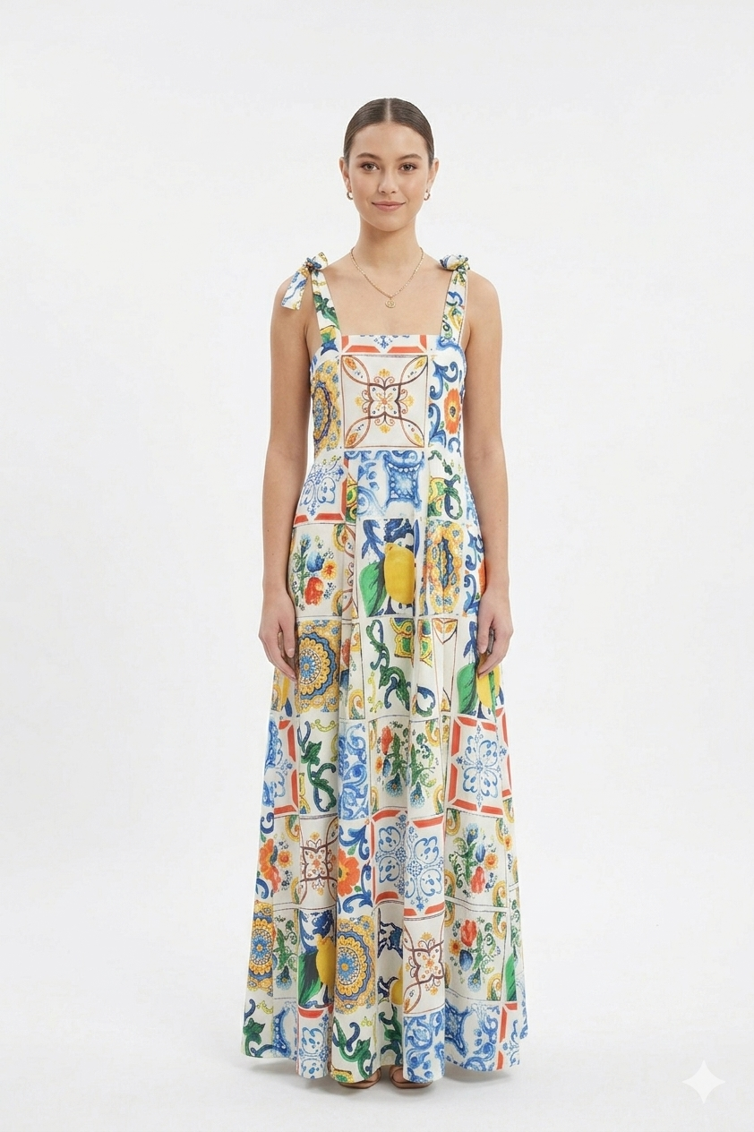 Mediterranean Tile Maxi Dress