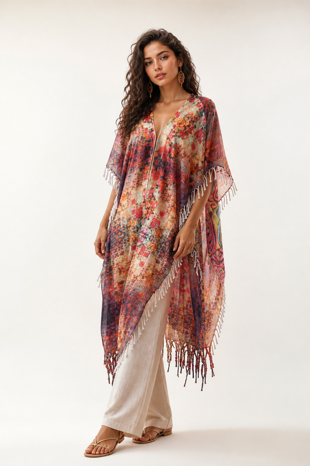 Boho Fringed Print Kaftan