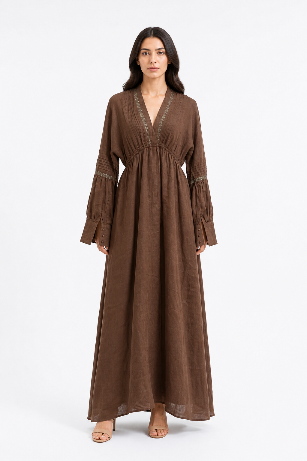 Embellished Brown Linen Maxi
