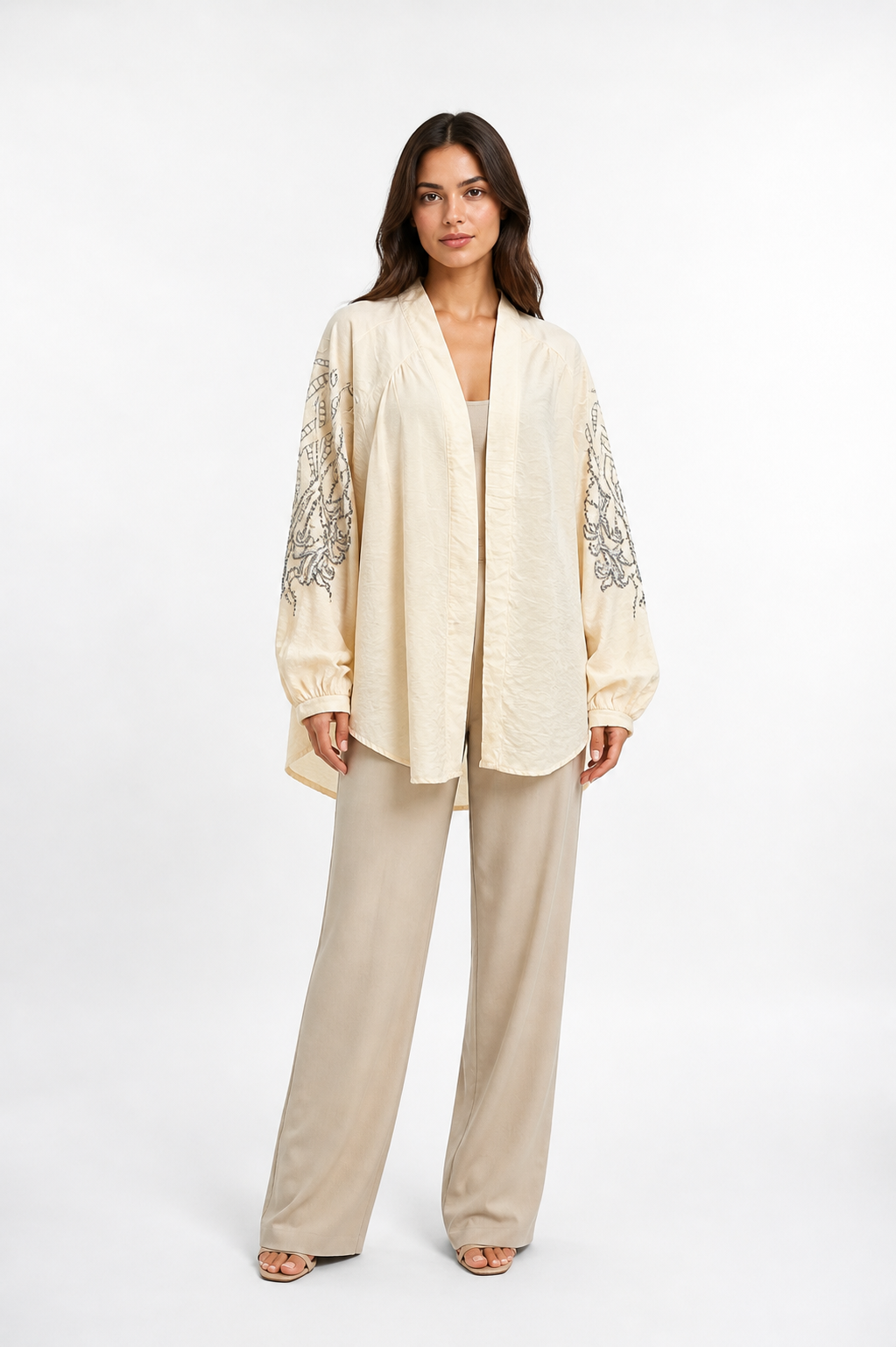 Embroidered Cream Kimono Shirt