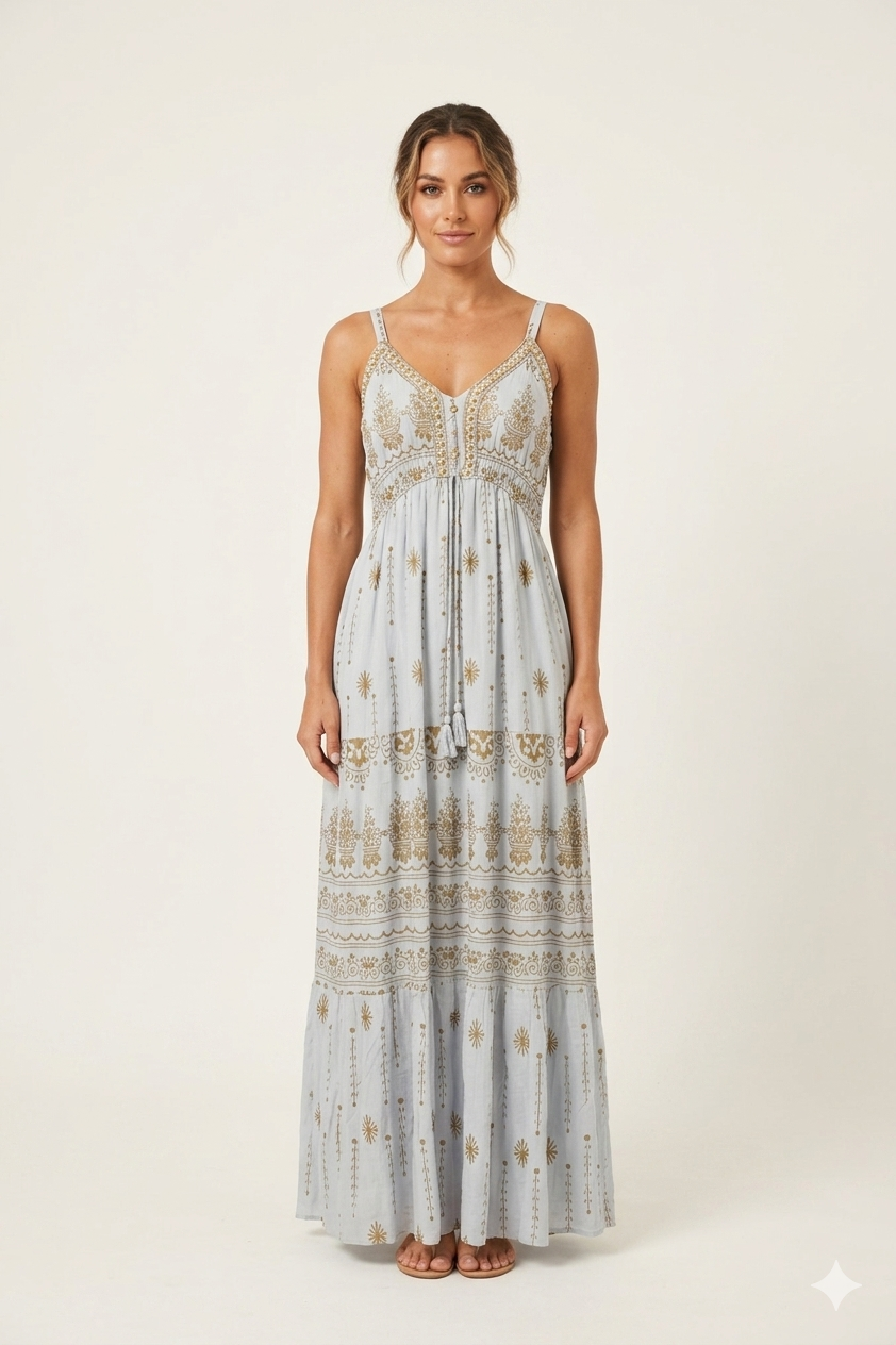 Golden-Embroidered Sky Blue Maxi