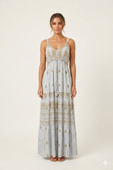 Golden-Embroidered Sky Blue Maxi