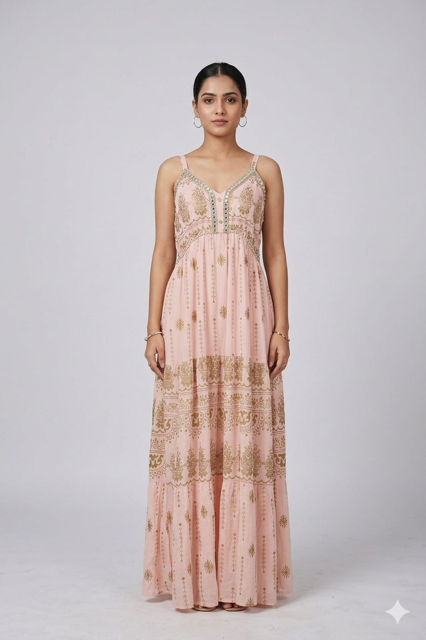 Golden-Embroidered Blush Maxi