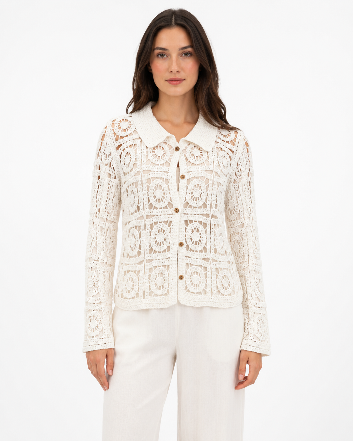 Ivory Crochet Button Cardigan