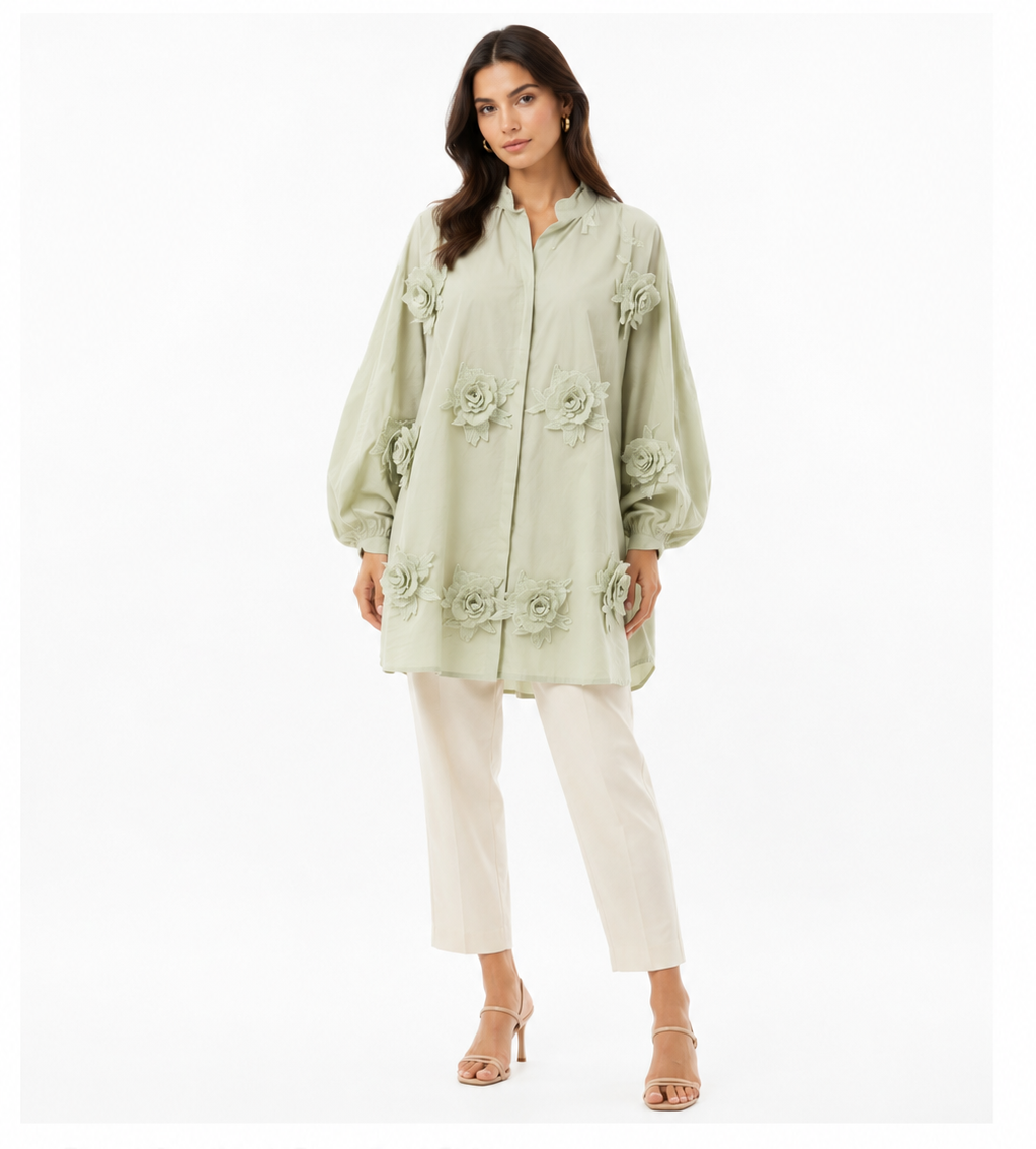 Sage Floral Appliqué Oversized Shirt