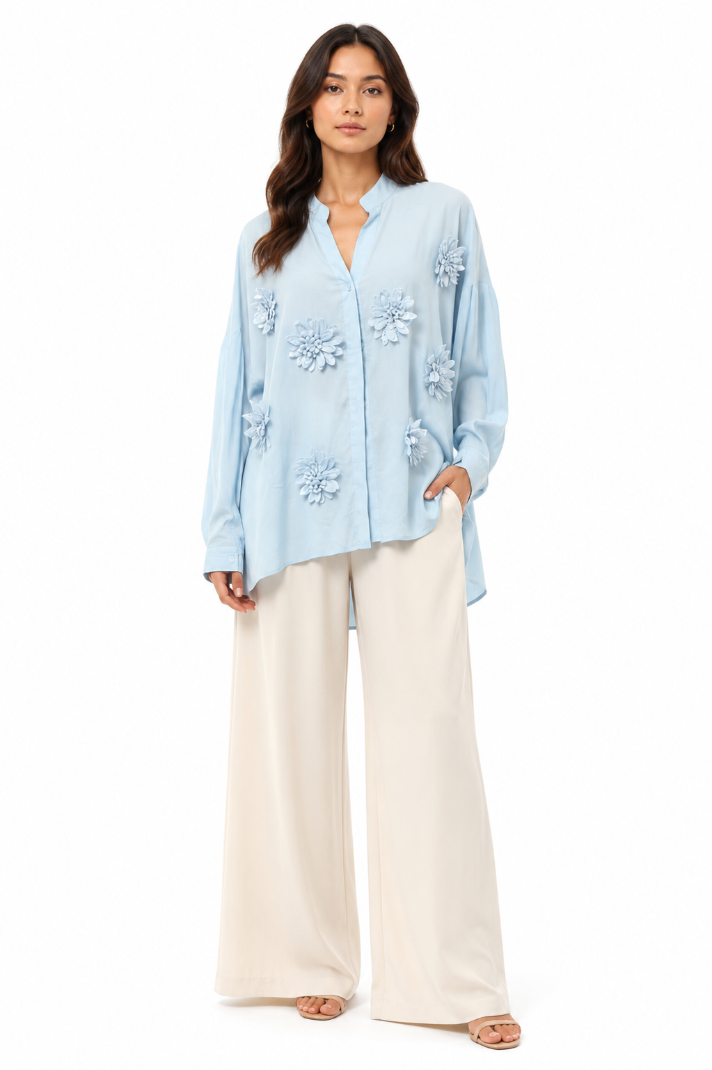 Sky Blue Floral Appliqué Shirt
