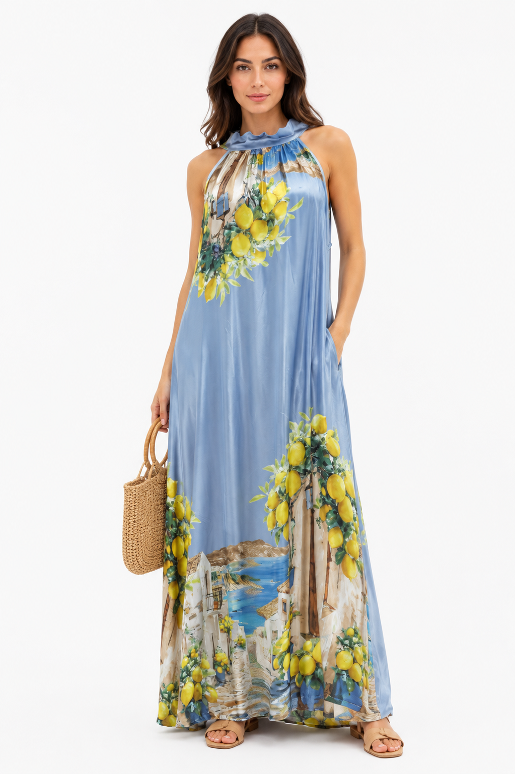 Blue Lemon Print Sleeveless Maxi Dress