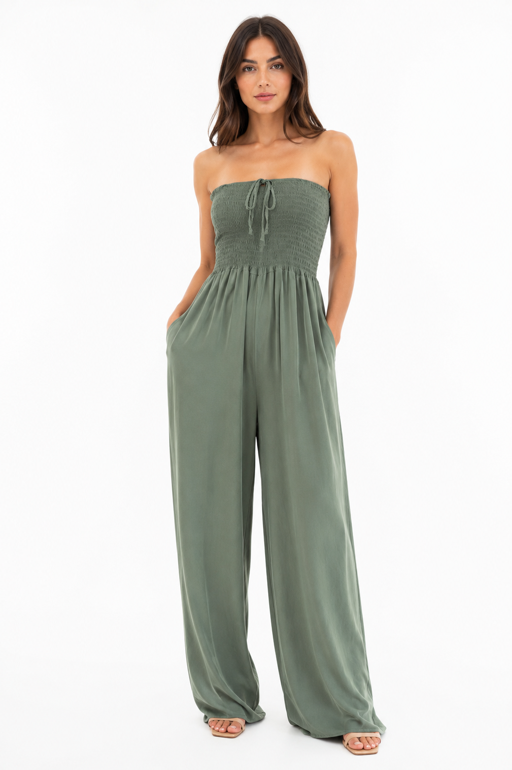Sage Green Strapless Wide-Leg Jumpsuit