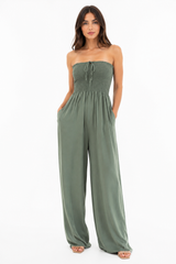 Sage Green Strapless Wide-Leg Jumpsuit