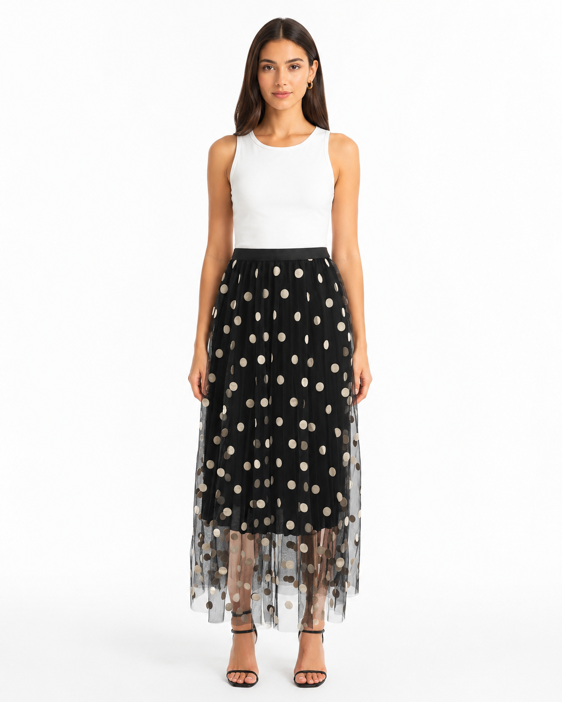 Black Polka Dot Tulle Midi Skirt