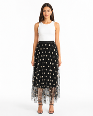 Black Polka Dot Tulle Midi Skirt