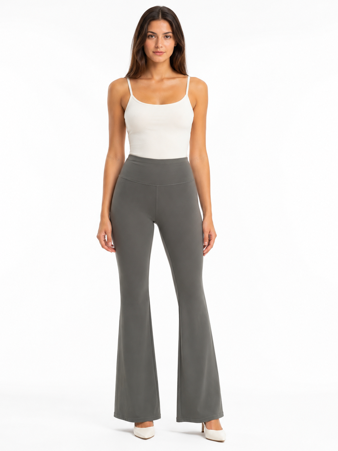 Olive Grey High-Waist Flared Leggings