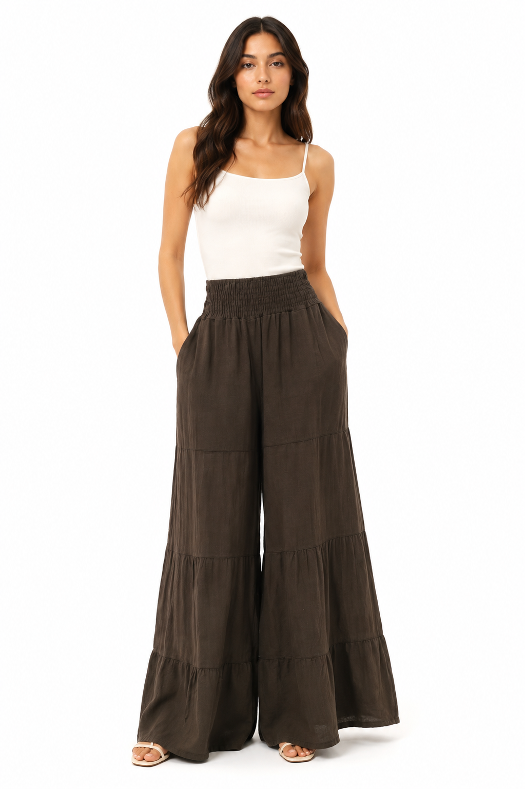 Dark Olive Smocked Waist Wide-Leg Pants