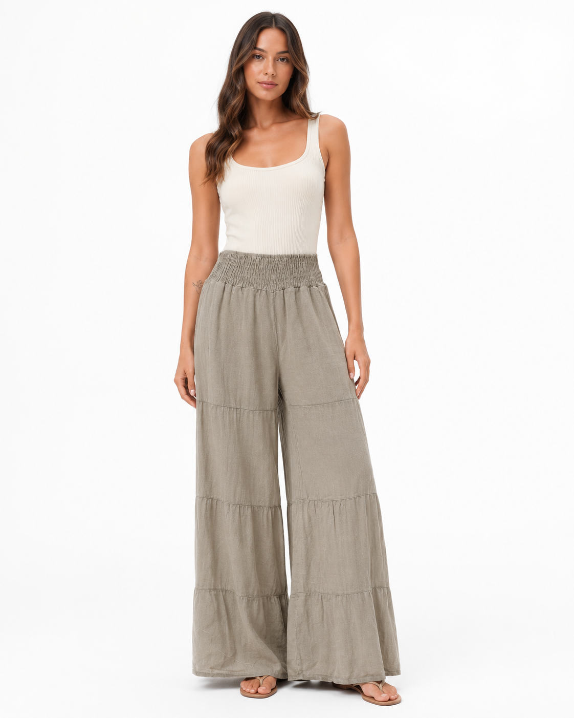 Smocked Waist Wide-Leg Tiered Pants