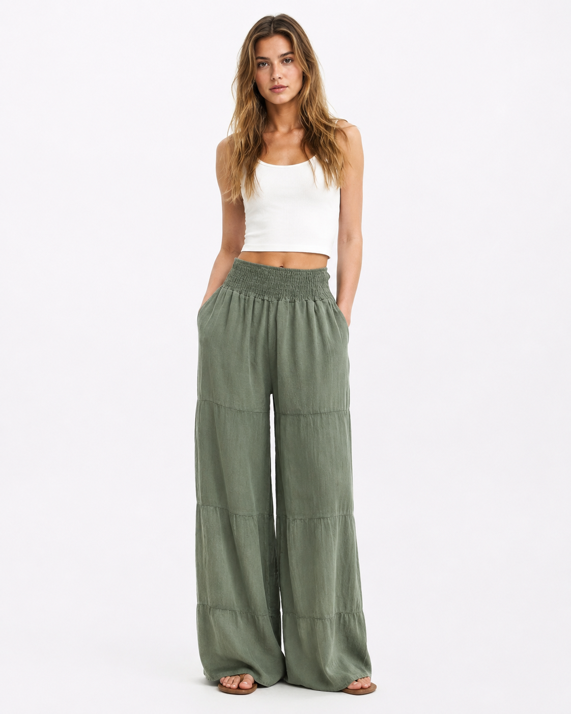 Sage Green Wide-Leg Smocked Pants