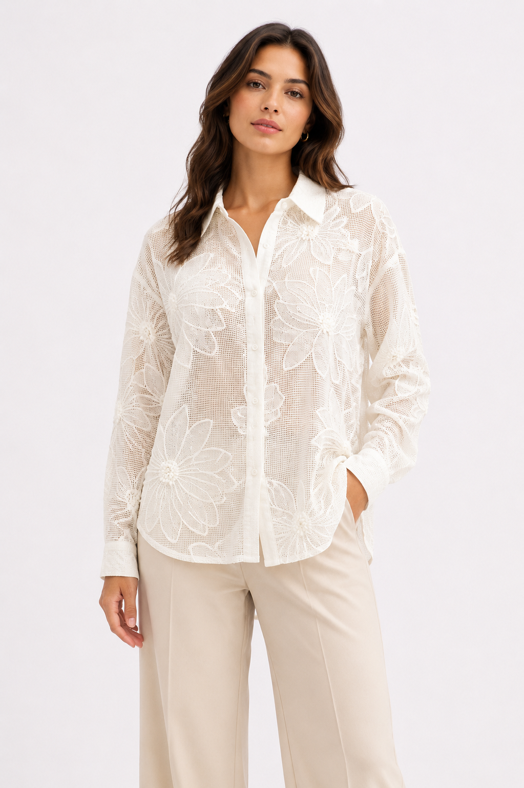 White Floral Embroidered Sheer Shirt