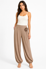 Taupe Wide-Leg Pants with Side Flower Detail