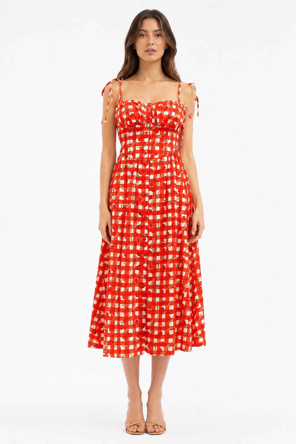 Red Gingham Floral Midi Dress
