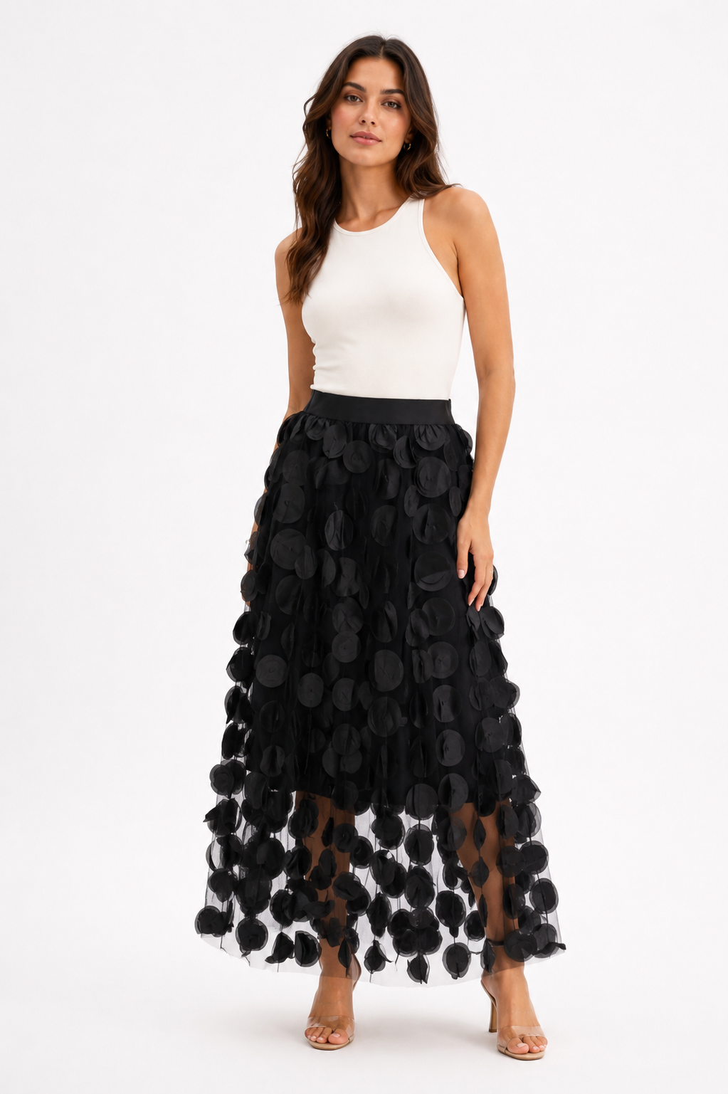 Black 3D Appliqué Tulle Midi Skirt