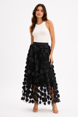 Black 3D Appliqué Tulle Midi Skirt