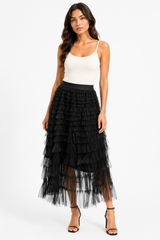 Black Layered Tulle Midi Skirt