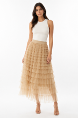 Beige Layered Tulle Midi Skirt