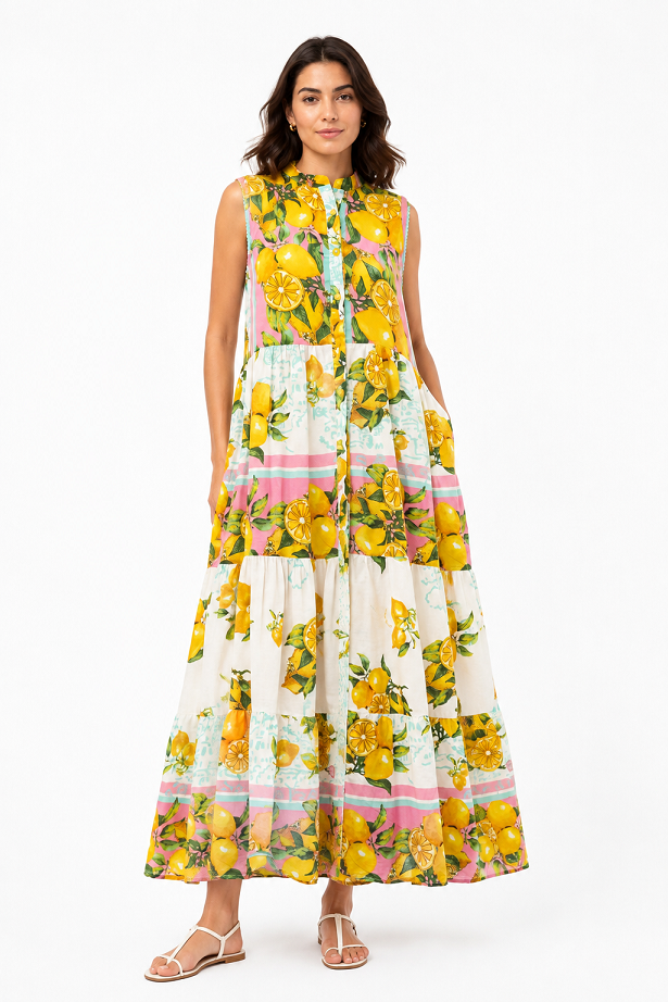 Lemon Print Tiered Maxi Dress
