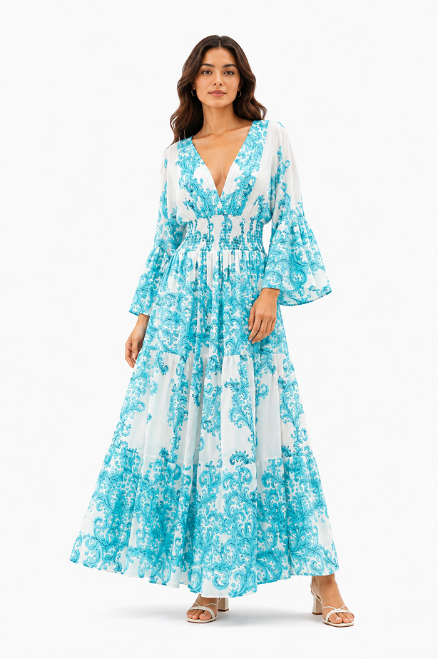 Turquoise Baroque Maxi Dress